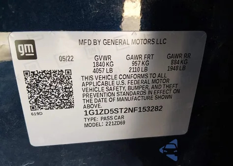 2022 Chevrolet Malibu Fwd Lt z USA, uszkodzony, nr VIN 1G1ZD5ST2NF153282